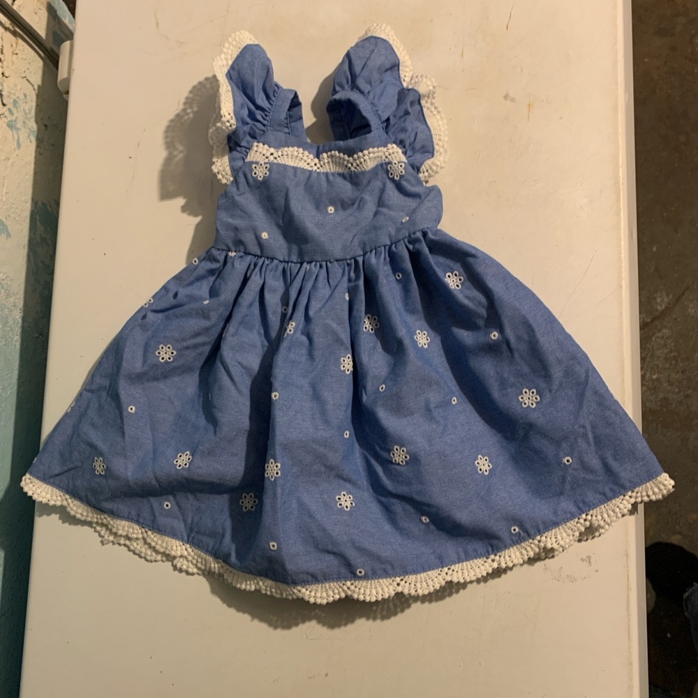 Blueberi Boulevard Baby Girls Blue Dress with White Crochet Trim - 12 Months